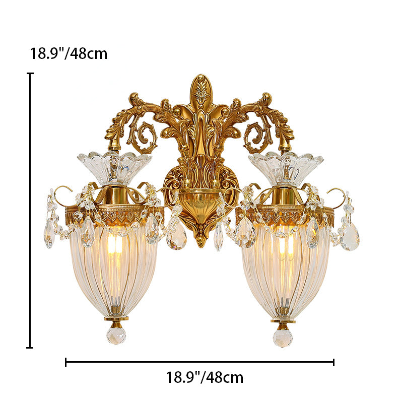 Traditional European Alloy Brass Glass Crystal Teardrop-Shaped Carved 1/2 Light Wall Sconce Lamp For Living Room Cuvalon