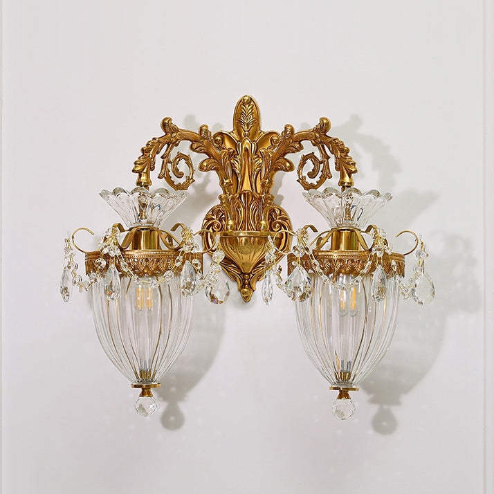 Traditional European Alloy Brass Glass Crystal Teardrop-Shaped Carved 1/2 Light Wall Sconce Lamp For Living Room Cuvalon