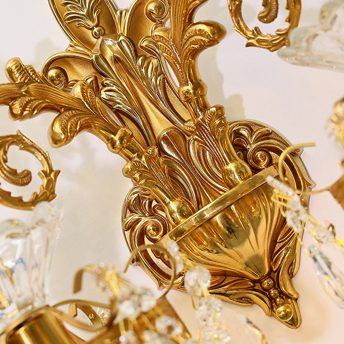 Traditional European Alloy Brass Glass Crystal Teardrop-Shaped Carved 1/2 Light Wall Sconce Lamp For Living Room Cuvalon