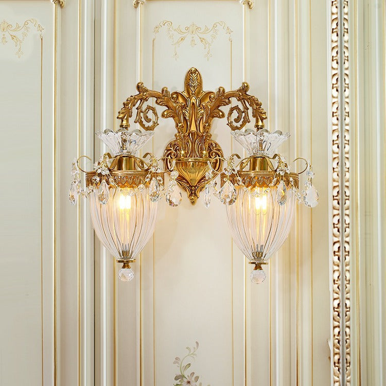 Traditional European Alloy Brass Glass Crystal Teardrop-Shaped Carved 1/2 Light Wall Sconce Lamp For Living Room Cuvalon