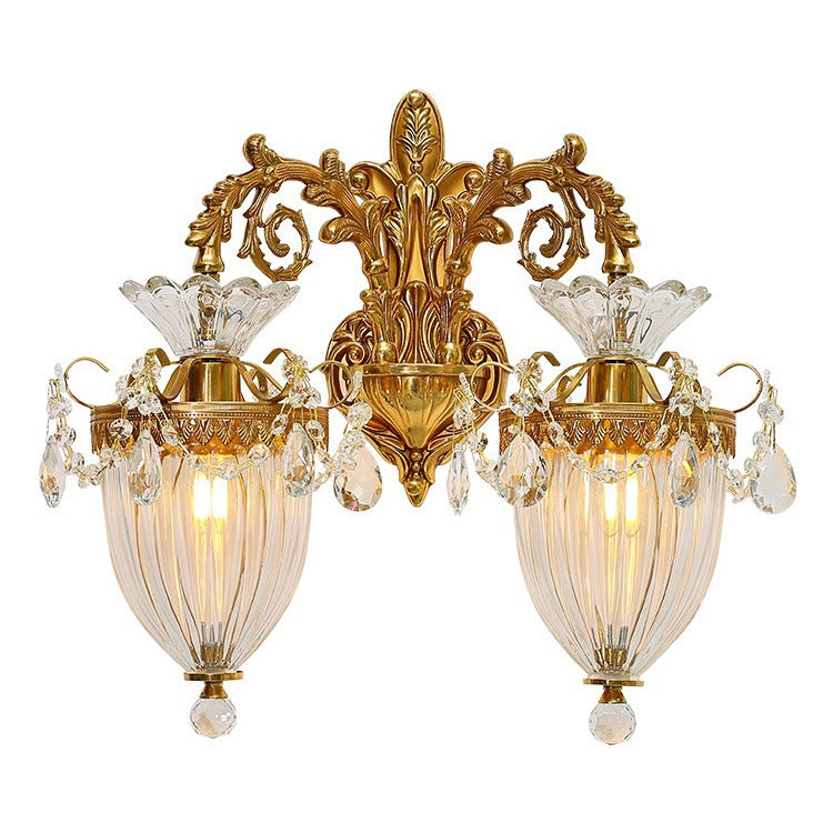 Traditional European Alloy Brass Glass Crystal Teardrop-Shaped Carved 1/2 Light Wall Sconce Lamp For Living Room Cuvalon