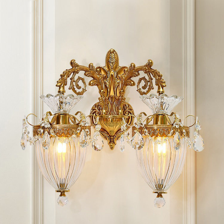 Traditional European Alloy Brass Glass Crystal Teardrop-Shaped Carved 1/2 Light Wall Sconce Lamp For Living Room Cuvalon