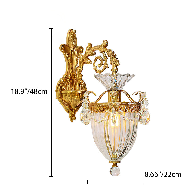 Traditional European Alloy Brass Glass Crystal Teardrop-Shaped Carved 1/2 Light Wall Sconce Lamp For Living Room Cuvalon