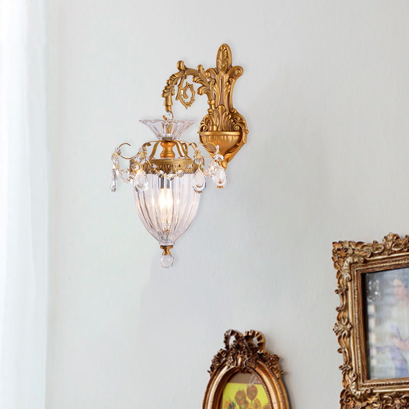 Traditional European Alloy Brass Glass Crystal Teardrop-Shaped Carved 1/2 Light Wall Sconce Lamp For Living Room Cuvalon
