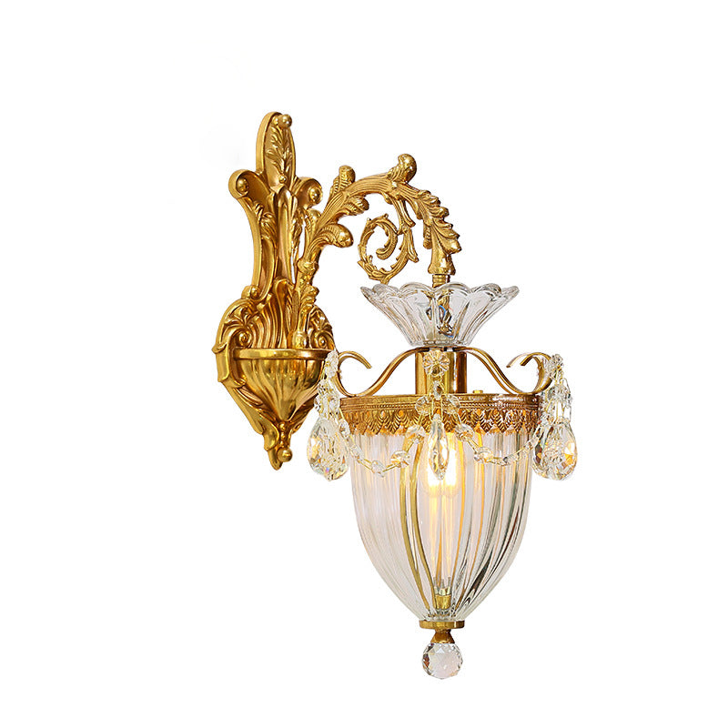 Traditional European Alloy Brass Glass Crystal Teardrop-Shaped Carved 1/2 Light Wall Sconce Lamp For Living Room Cuvalon