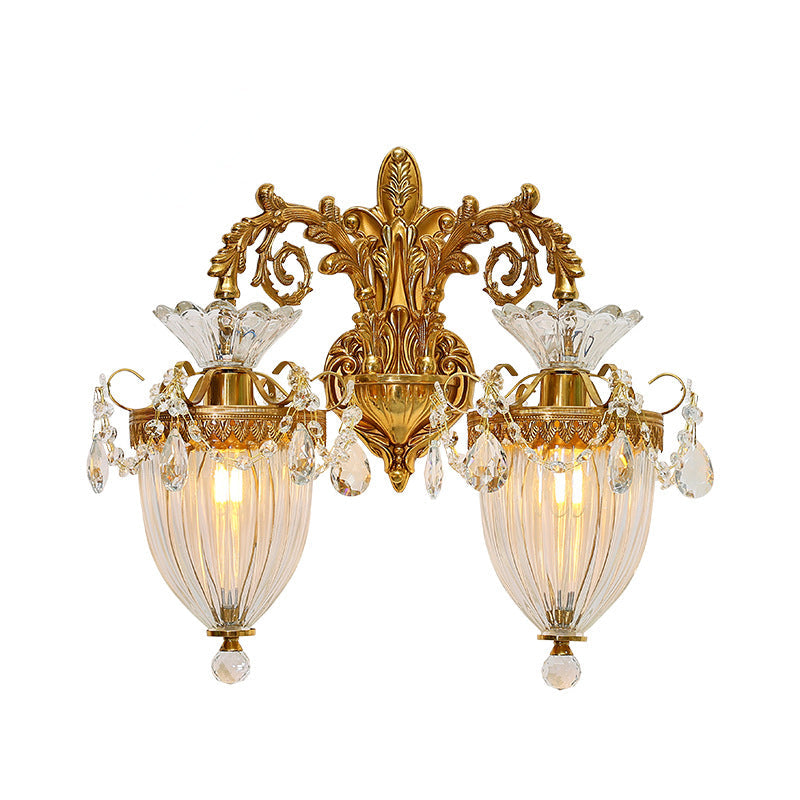 Traditional European Alloy Brass Glass Crystal Teardrop-Shaped Carved 1/2 Light Wall Sconce Lamp For Living Room Cuvalon