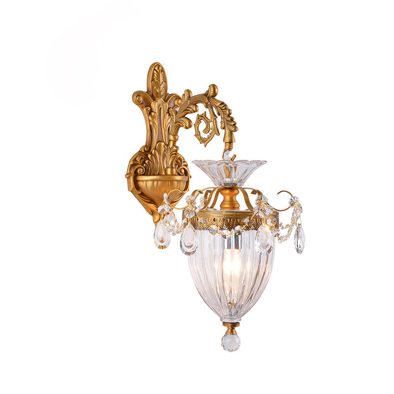 Traditional European Alloy Brass Glass Crystal Teardrop-Shaped Carved 1/2 Light Wall Sconce Lamp For Living Room Cuvalon