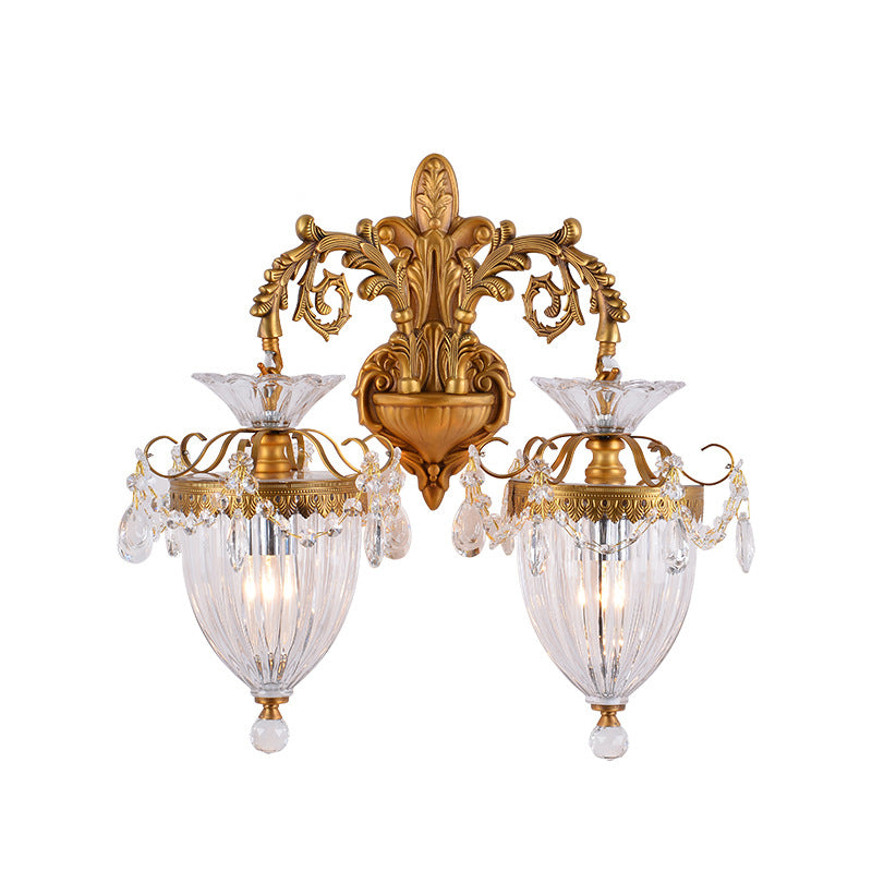 Traditional European Alloy Brass Glass Crystal Teardrop-Shaped Carved 1/2 Light Wall Sconce Lamp For Living Room Cuvalon
