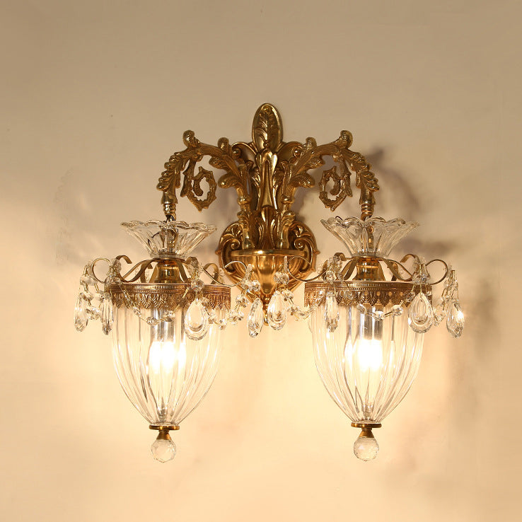 Traditional European Alloy Brass Glass Crystal Teardrop-Shaped Carved 1/2 Light Wall Sconce Lamp For Living Room Cuvalon