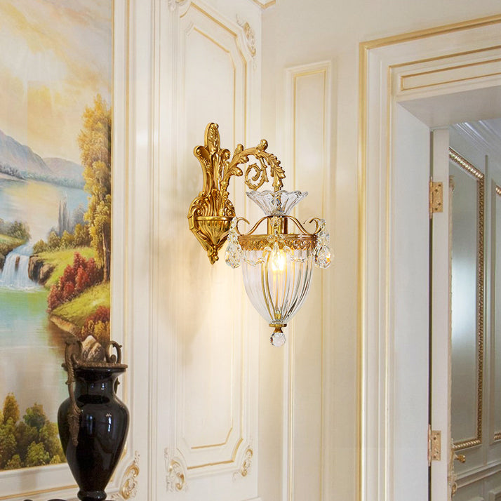 Traditional European Alloy Brass Glass Crystal Teardrop-Shaped Carved 1/2 Light Wall Sconce Lamp For Living Room Cuvalon