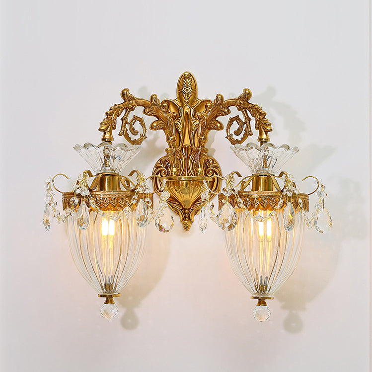 Traditional European Alloy Brass Glass Crystal Teardrop-Shaped Carved 1/2 Light Wall Sconce Lamp For Living Room Cuvalon
