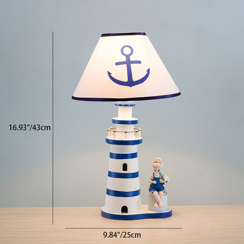 Contemporary Coastal Wood Fabric Kids Conic Lighthouse 1-Light Table Lamp For Bedroom Cuvalon