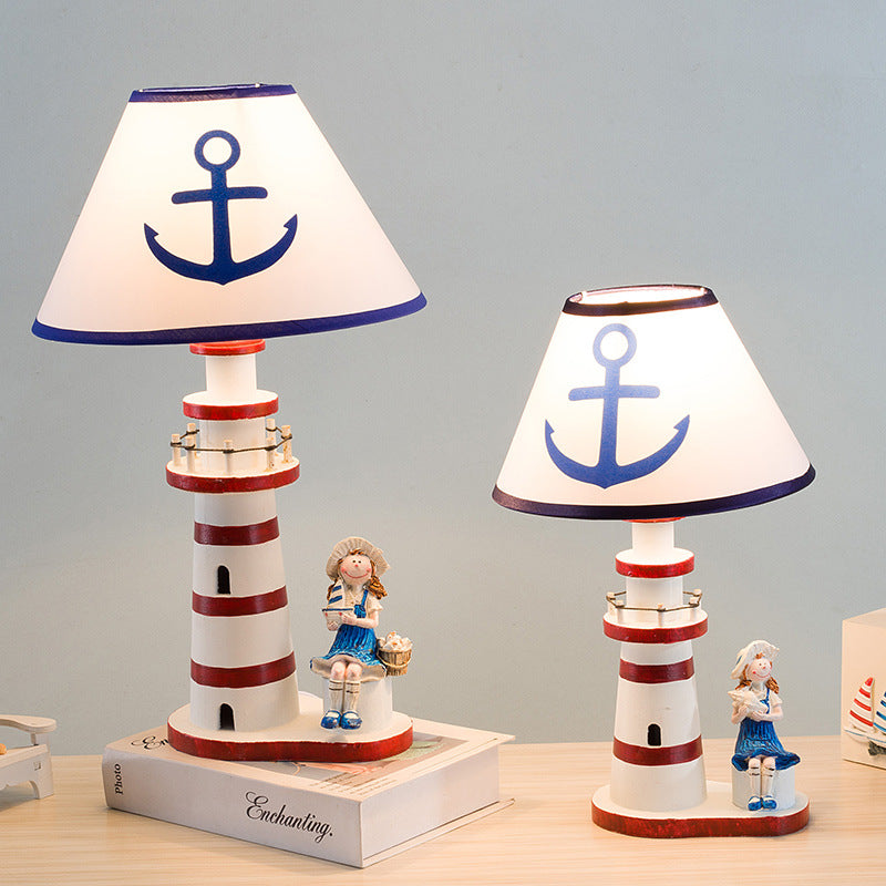 Contemporary Coastal Wood Fabric Kids Conic Lighthouse 1-Light Table Lamp For Bedroom Cuvalon