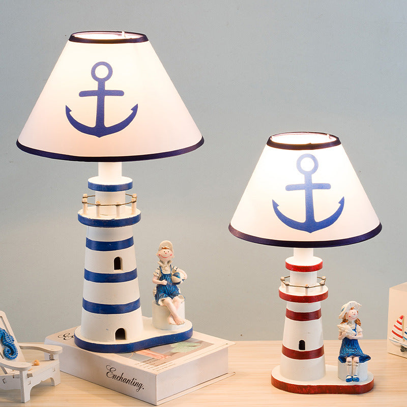 Contemporary Coastal Wood Fabric Kids Conic Lighthouse 1-Light Table Lamp For Bedroom Cuvalon