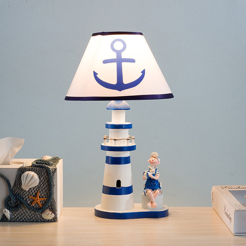 Contemporary Coastal Wood Fabric Kids Conic Lighthouse 1-Light Table Lamp For Bedroom Cuvalon