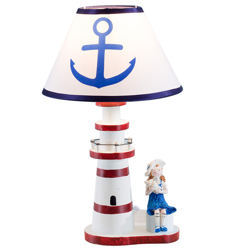 Contemporary Coastal Wood Fabric Kids Conic Lighthouse 1-Light Table Lamp For Bedroom Cuvalon