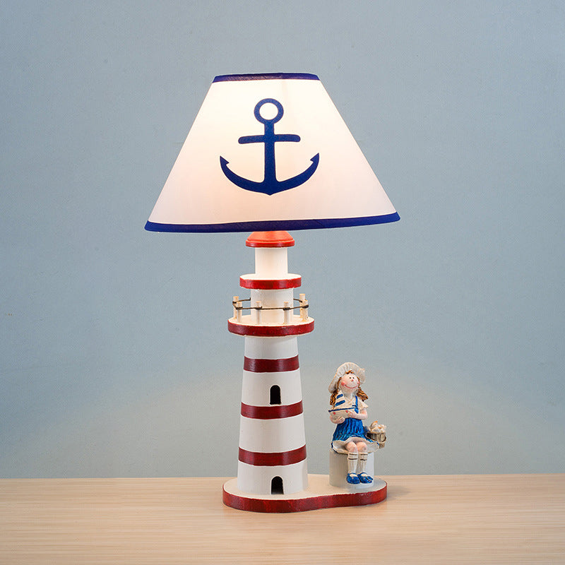 Contemporary Coastal Wood Fabric Kids Conic Lighthouse 1-Light Table Lamp For Bedroom Cuvalon