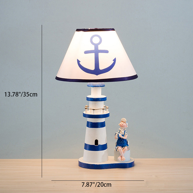 Contemporary Coastal Wood Fabric Kids Conic Lighthouse 1-Light Table Lamp For Bedroom Cuvalon