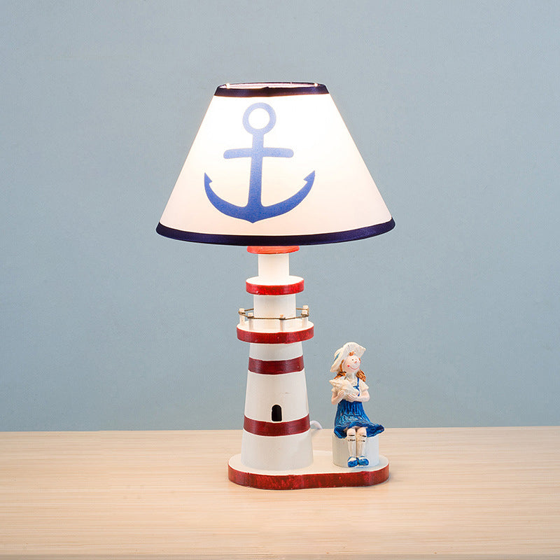 Contemporary Coastal Wood Fabric Kids Conic Lighthouse 1-Light Table Lamp For Bedroom Cuvalon
