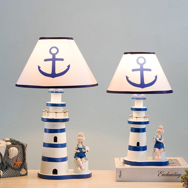 Contemporary Coastal Wood Fabric Kids Conic Lighthouse 1-Light Table Lamp For Bedroom Cuvalon