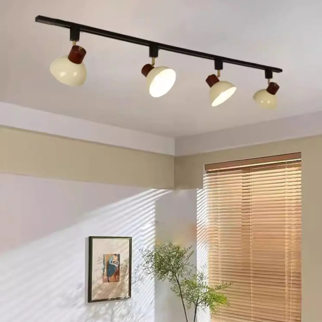 Contemporary Nordic Iron Wood Bowl Round Adjustable 1/2/3/4/5 Light Track Lighting Semi-Flush Mount Ceiling Light For Dining Room Cuvalon