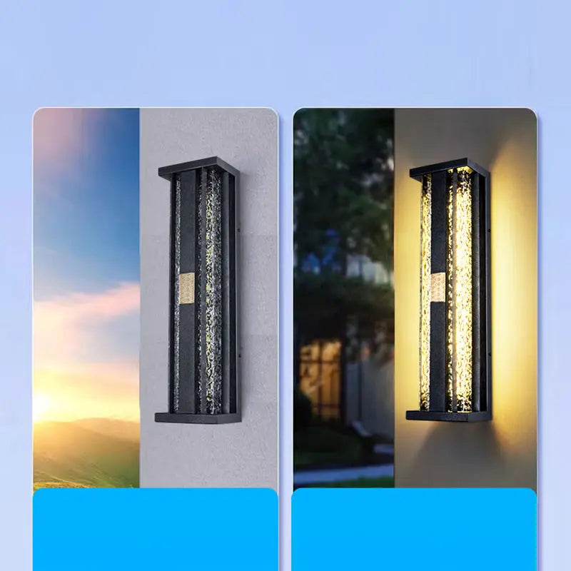 Traditional Luxury Solar Waterproof Stainless Steel Acrylic Copper Rectangular Ripple Motion Sensor LED Wall Sconce Lamp For Outdoor Patio Cuvalon