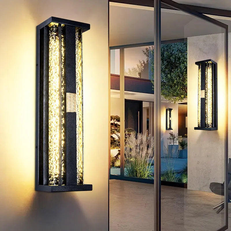 Traditional Luxury Solar Waterproof Stainless Steel Acrylic Copper Rectangular Ripple Motion Sensor LED Wall Sconce Lamp For Outdoor Patio Cuvalon