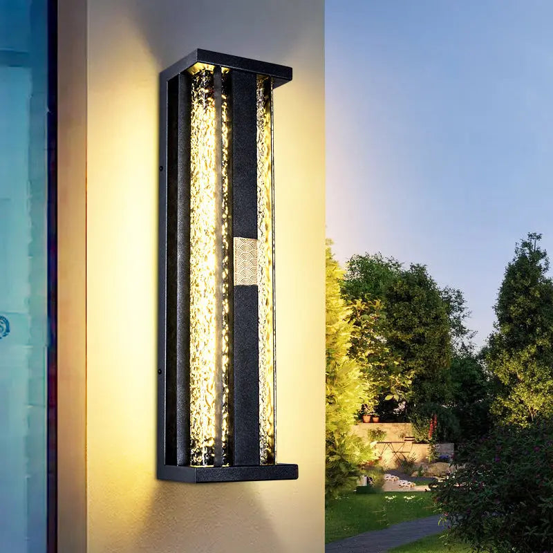 Traditional Luxury Solar Waterproof Stainless Steel Acrylic Copper Rectangular Ripple Motion Sensor LED Wall Sconce Lamp For Outdoor Patio Cuvalon