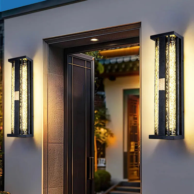 Traditional Luxury Solar Waterproof Stainless Steel Acrylic Copper Rectangular Ripple Motion Sensor LED Wall Sconce Lamp For Outdoor Patio Cuvalon
