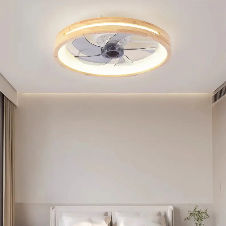 Traditional Japanese Solid Wood Iron Acrylic ABS Round Hollowed LED Flush Mount Ceiling Fan Light For Bedroom Cuvalon