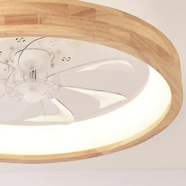 Traditional Japanese Solid Wood Iron Acrylic ABS Round Hollowed LED Flush Mount Ceiling Fan Light For Bedroom Cuvalon
