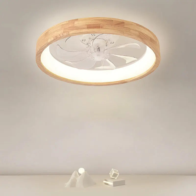 Traditional Japanese Solid Wood Iron Acrylic ABS Round Hollowed LED Flush Mount Ceiling Fan Light For Bedroom Cuvalon