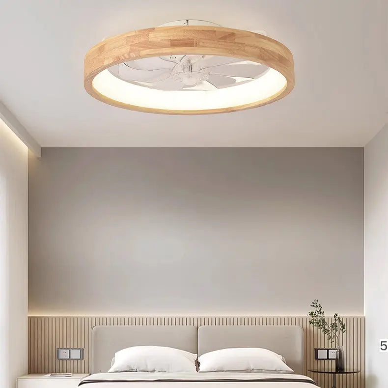 Traditional Japanese Solid Wood Iron Acrylic ABS Round Hollowed LED Flush Mount Ceiling Fan Light For Bedroom Cuvalon