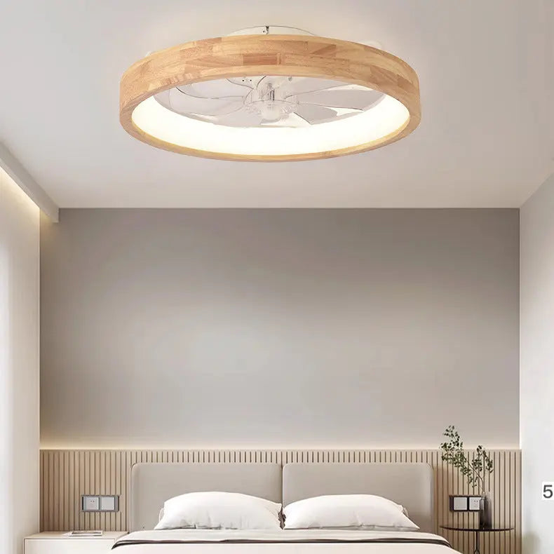 Traditional Japanese Solid Wood Iron Acrylic ABS Round Hollowed LED Flush Mount Ceiling Fan Light For Bedroom Cuvalon