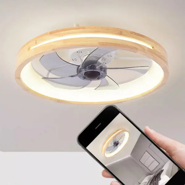 Traditional Japanese Solid Wood Iron Acrylic ABS Round Hollowed LED Flush Mount Ceiling Fan Light For Bedroom Cuvalon