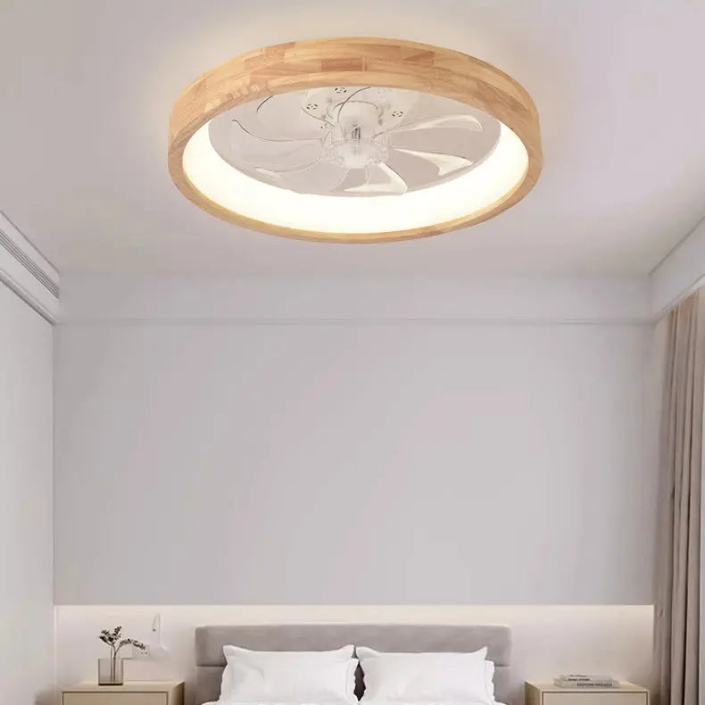 Traditional Japanese Solid Wood Iron Acrylic ABS Round Hollowed LED Flush Mount Ceiling Fan Light For Bedroom Cuvalon