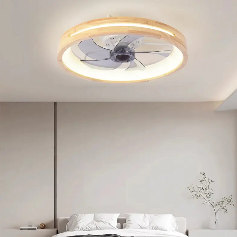 Traditional Japanese Solid Wood Iron Acrylic ABS Round Hollowed LED Flush Mount Ceiling Fan Light For Bedroom Cuvalon