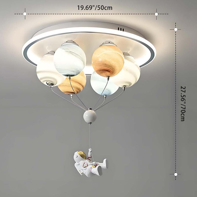 Contemporary Creative Kids Planet Space Hot Air Balloon Astronaut Iron Resin Glass 6-Light LED Semi-Flush Mount Ceiling Light For Bedroom Cuvalon