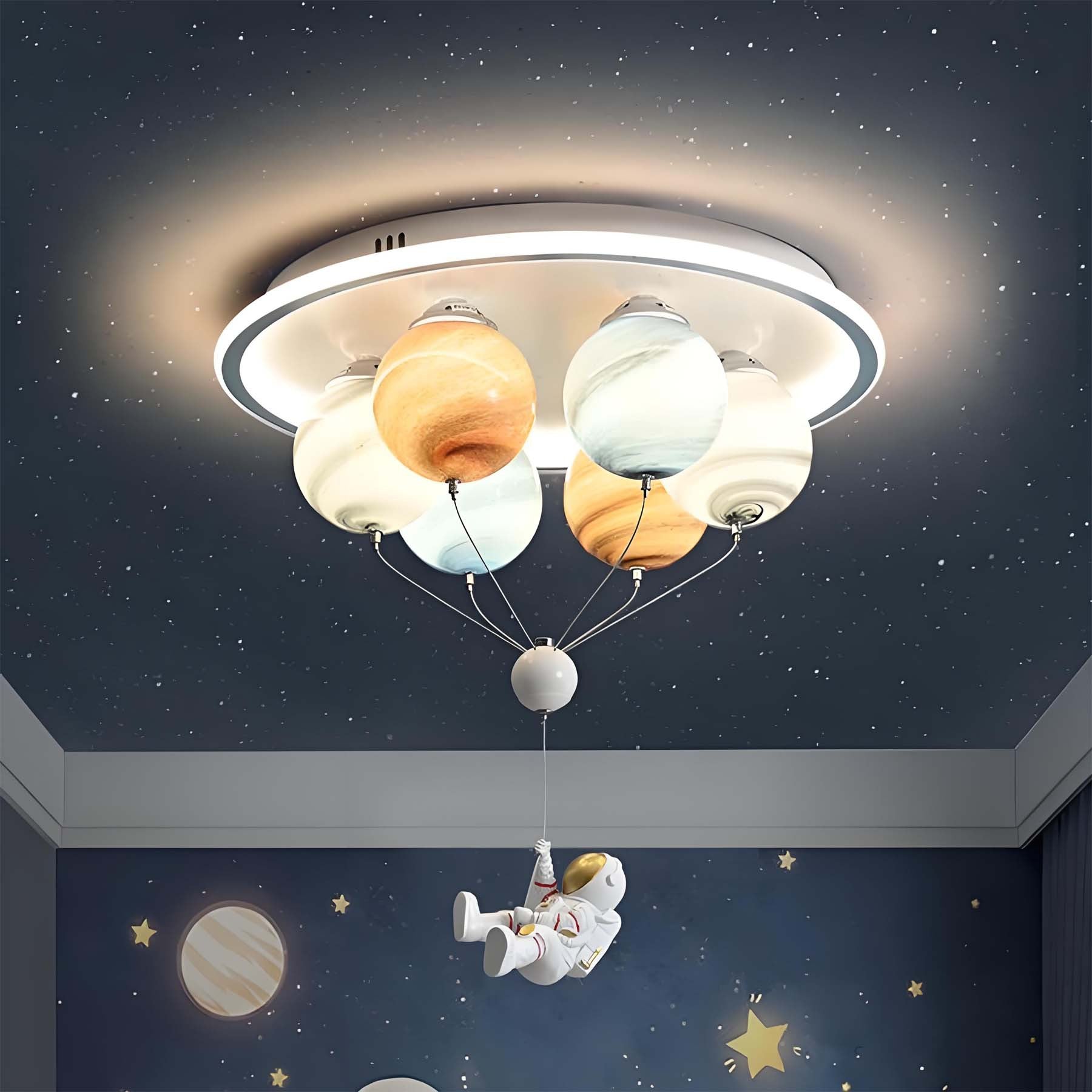 Contemporary Creative Kids Planet Space Hot Air Balloon Astronaut Iron Resin Glass 6-Light LED Semi-Flush Mount Ceiling Light For Bedroom Cuvalon