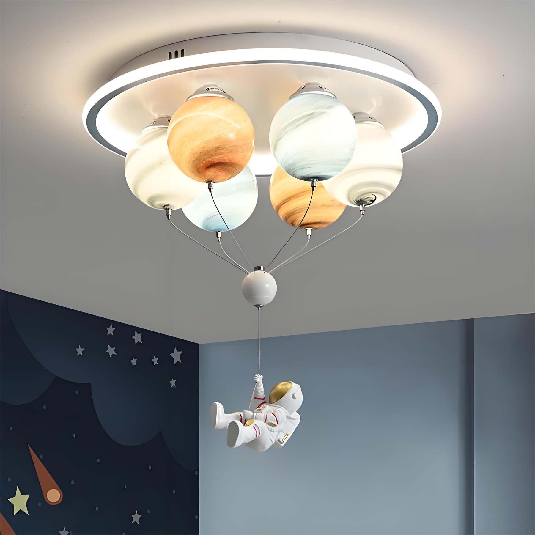 Contemporary Creative Kids Planet Space Hot Air Balloon Astronaut Iron Resin Glass 6-Light LED Semi-Flush Mount Ceiling Light For Bedroom Cuvalon