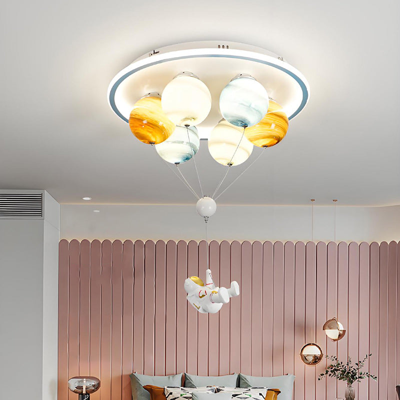 Contemporary Creative Kids Planet Space Hot Air Balloon Astronaut Iron Resin Glass 6-Light LED Semi-Flush Mount Ceiling Light For Bedroom Cuvalon