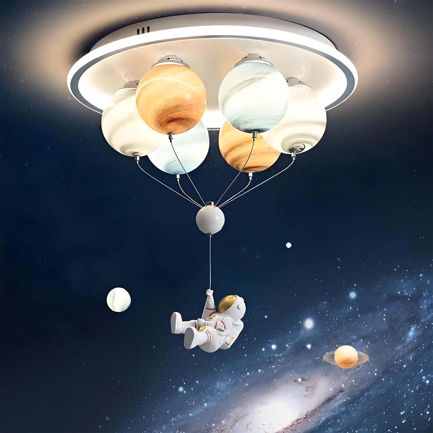Contemporary Creative Kids Planet Space Hot Air Balloon Astronaut Iron Resin Glass 6-Light LED Semi-Flush Mount Ceiling Light For Bedroom Cuvalon