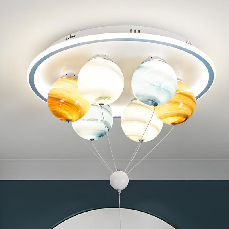 Contemporary Creative Kids Planet Space Hot Air Balloon Astronaut Iron Resin Glass 6-Light LED Semi-Flush Mount Ceiling Light For Bedroom Cuvalon