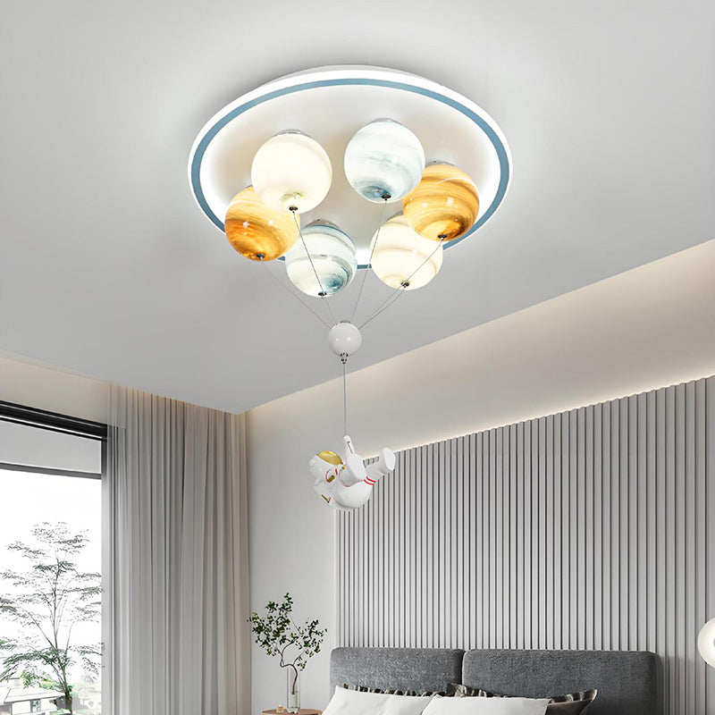 Contemporary Creative Kids Planet Space Hot Air Balloon Astronaut Iron Resin Glass 6-Light LED Semi-Flush Mount Ceiling Light For Bedroom Cuvalon