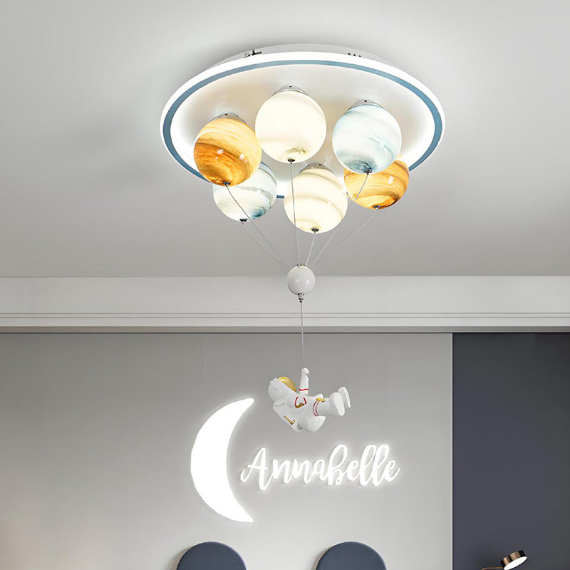 Contemporary Creative Kids Planet Space Hot Air Balloon Astronaut Iron Resin Glass 6-Light LED Semi-Flush Mount Ceiling Light For Bedroom Cuvalon