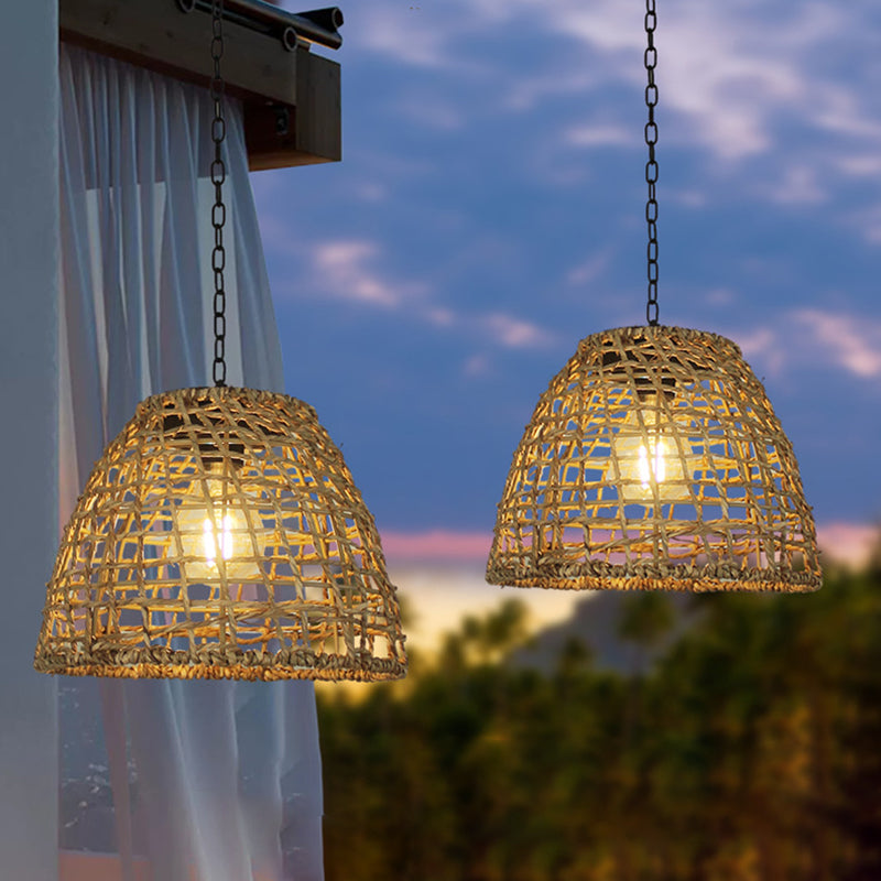 Traditional Farmhouse Solar Waterproof Weaving Iron Rattan Cage LED Outdoor Pendant Light For Outdoor Patio Cuvalon