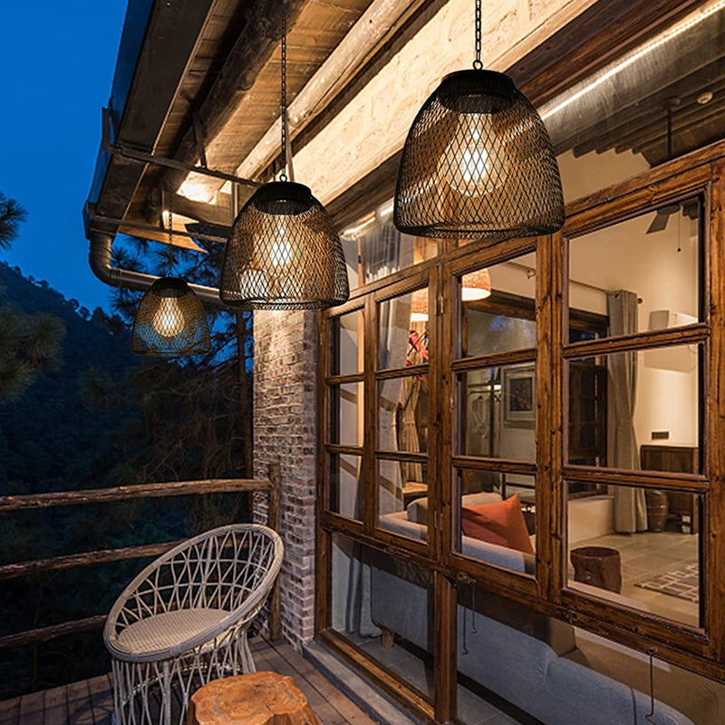 Traditional Farmhouse Solar Waterproof Weaving Iron Rattan Cage LED Outdoor Pendant Light For Outdoor Patio Cuvalon