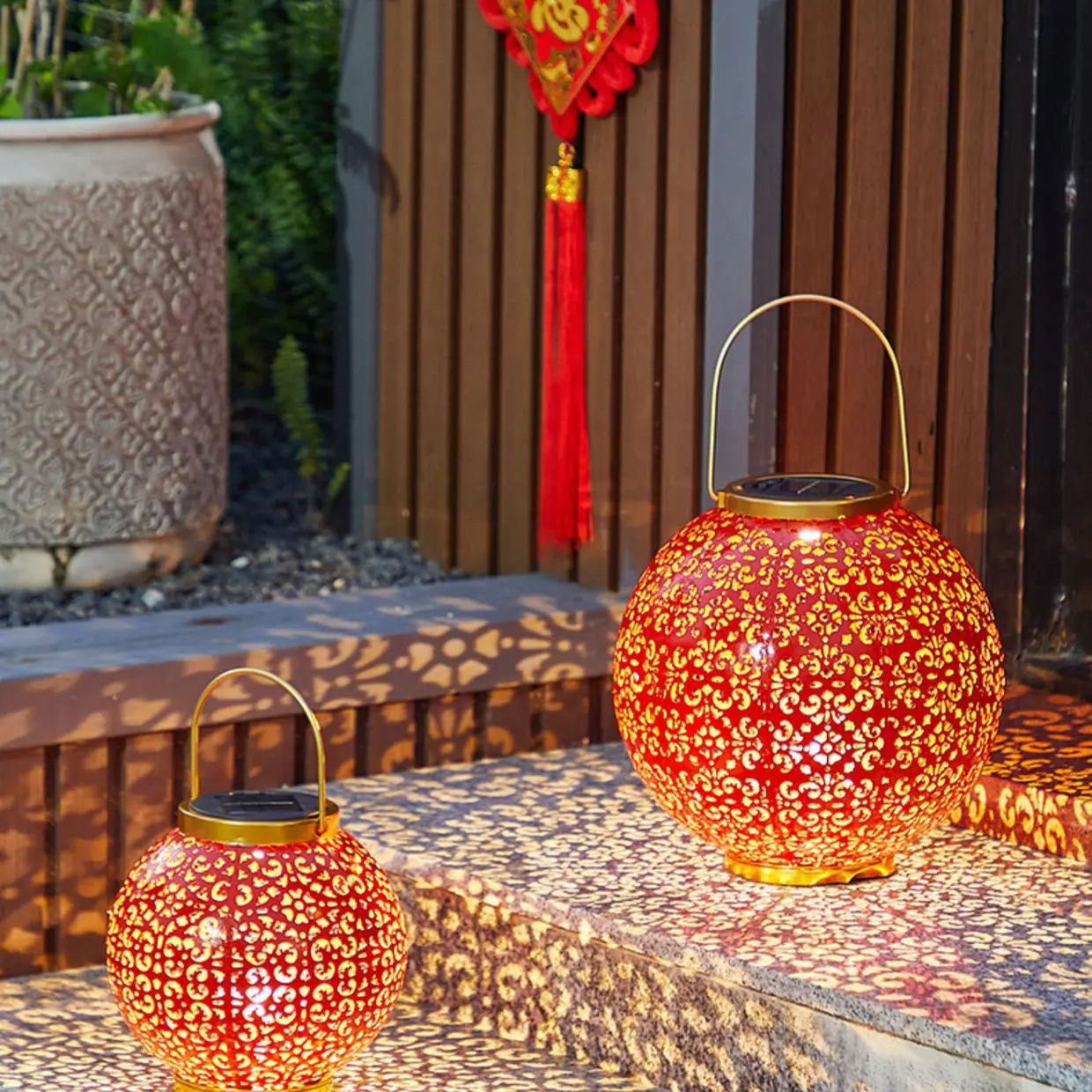 Traditional Chinese Solar Waterproof Iron Hollowed Lantern LED Outdoor Light Landscape Lighting For Garden Cuvalon