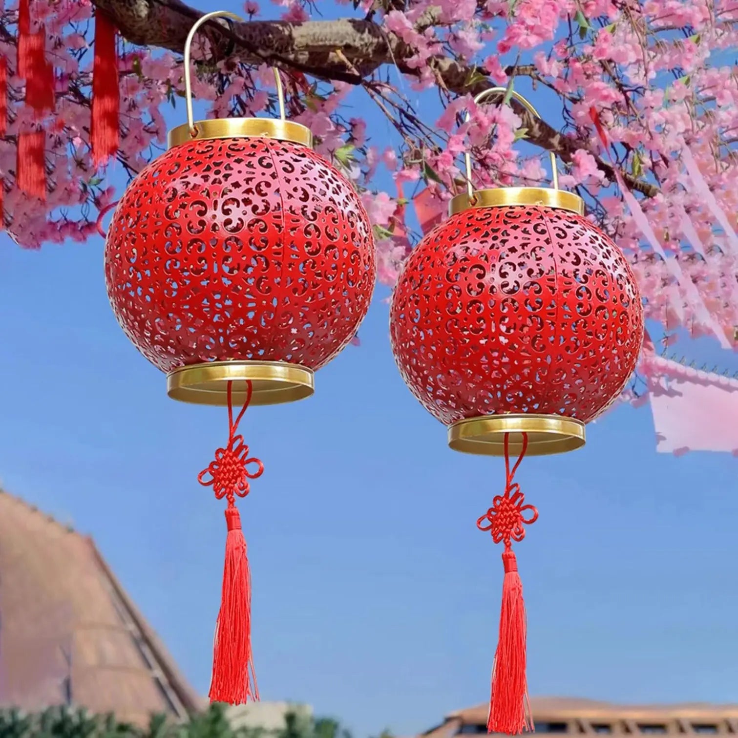 Traditional Chinese Solar Waterproof Iron Hollowed Lantern LED Outdoor Light Landscape Lighting For Garden Cuvalon