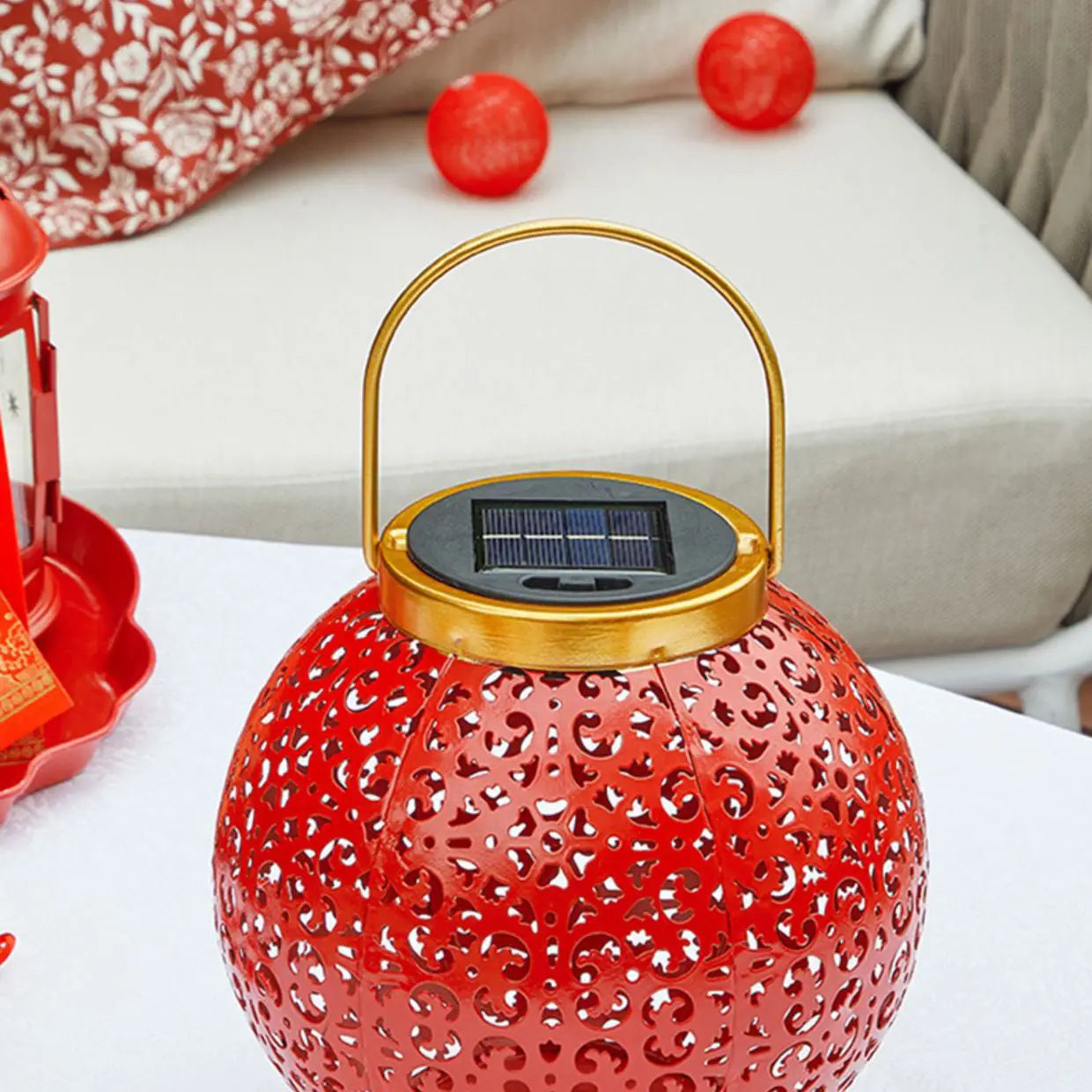 Traditional Chinese Solar Waterproof Iron Hollowed Lantern LED Outdoor Light Landscape Lighting For Garden Cuvalon